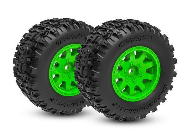 トラクサス MINI MAXX タイヤとホイール、組み立て済み(グリーンホイール、デュアルプロファイル(外径2.1インチ、内径2.6インチ)、Sledgehammer®タイヤ、フォームインサート)(フロント)(2本) 10771-GRN