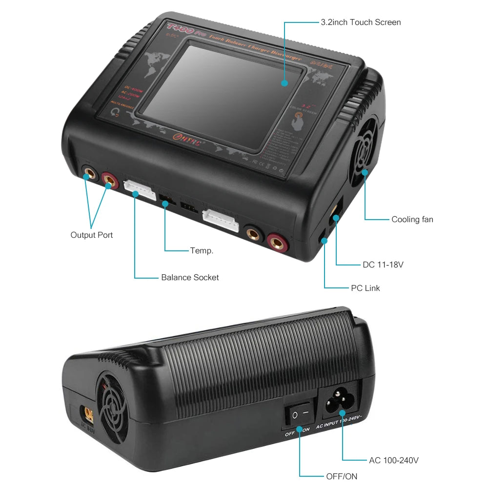 HTRC T400 Pro カラータッチスクリーン 高出力 急速充電器 デュアルマルチチャージャー DC 400W AC 200W 10A AC/DC バッテリー マルチ充電器 バッテリーチャージャー バランス 充電器/放電器 LiPo LiFe Lilon LiHV NiCd NiMh Pb 対応 ラジコン バッテリー 用 - RCTRAIL