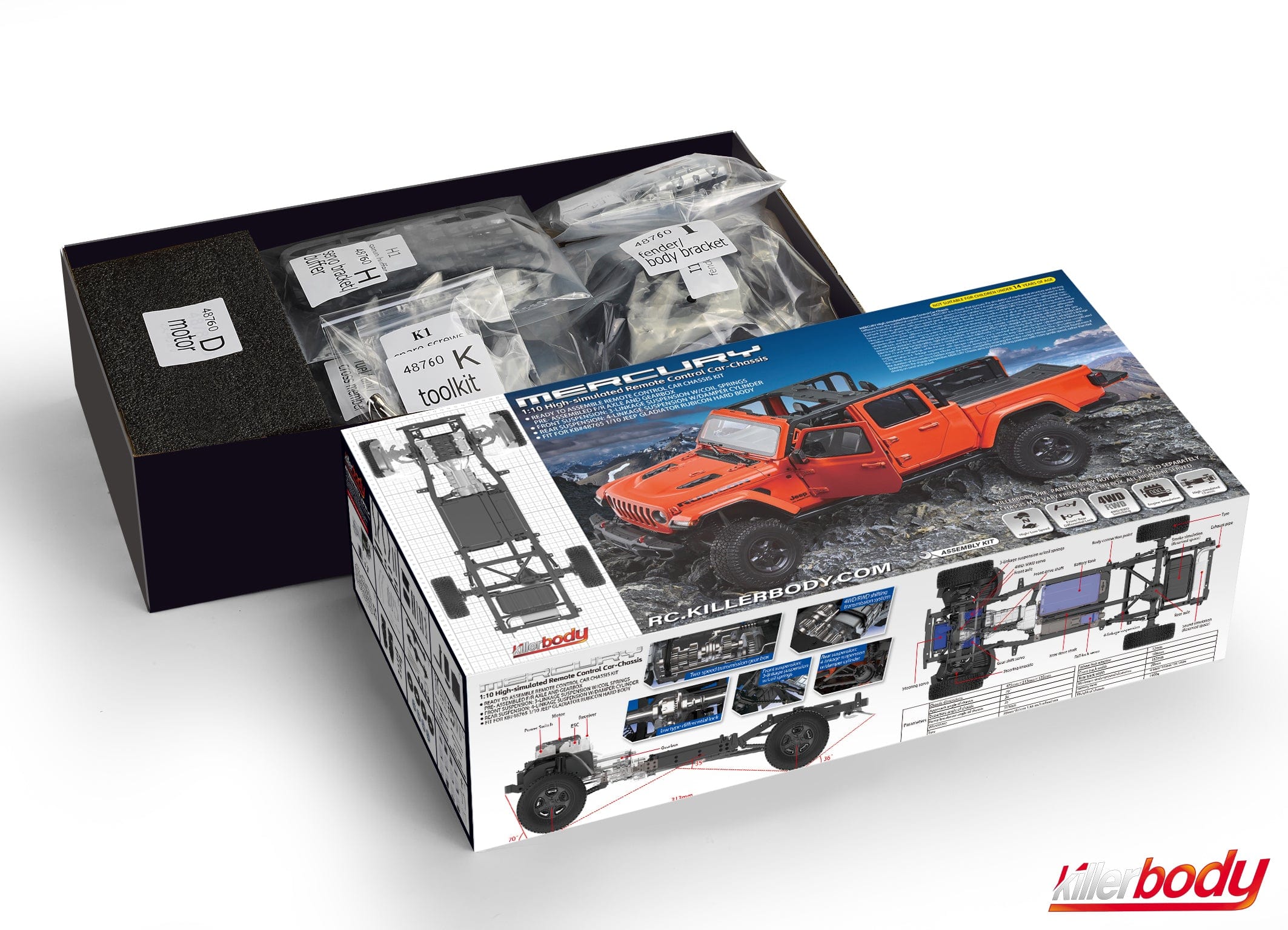 Killerbody Mercury シャーシキット(組み立て済み F/R アクスルとギアボックス)KB#48765 1/10 Jeep Gladiator Rubicon ハードボディに適合 48760