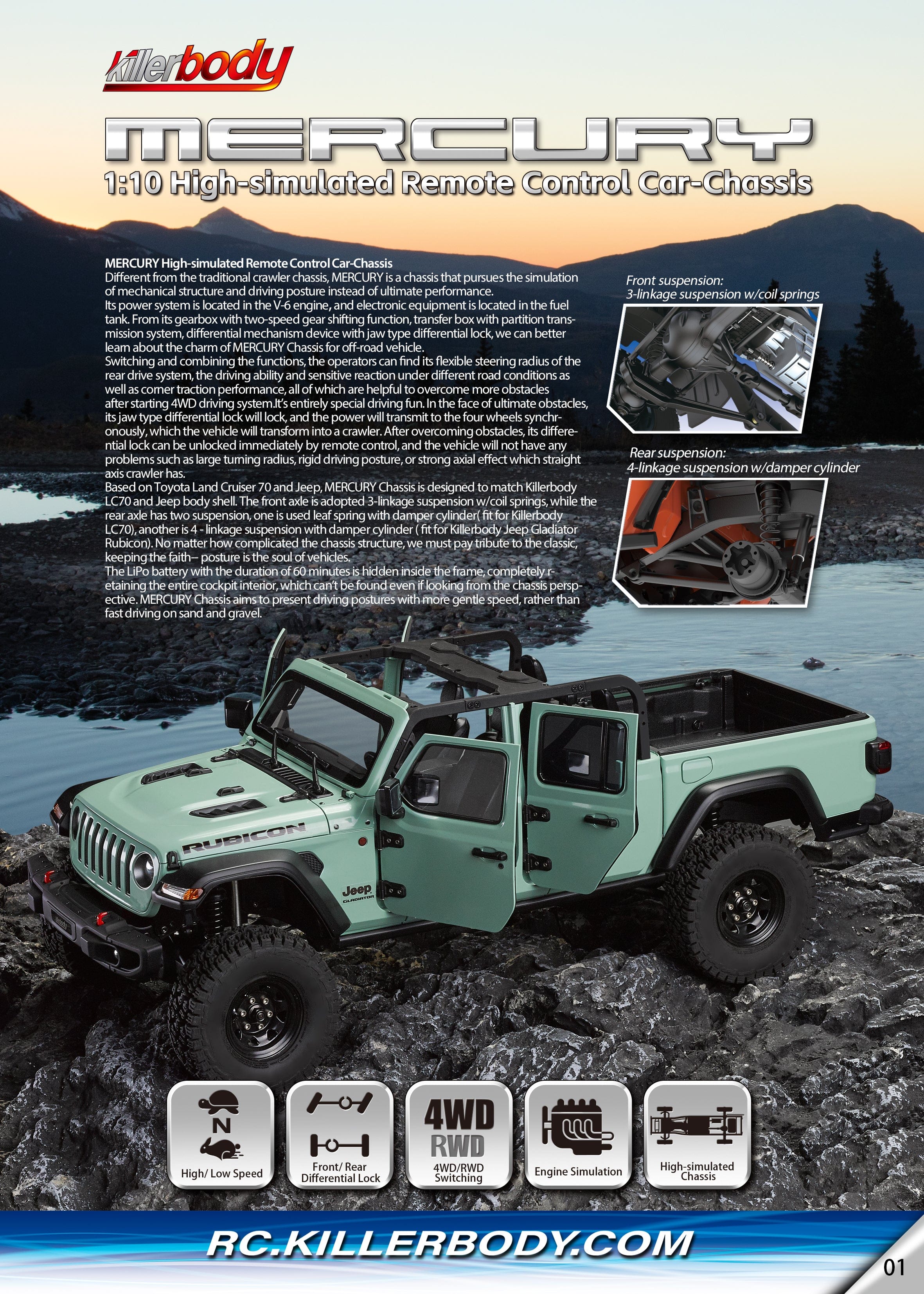 Killerbody Mercury シャーシキット(組み立て済み F/R アクスルとギアボックス)KB#48765 1/10 Jeep Gladiator Rubicon ハードボディに適合 48760