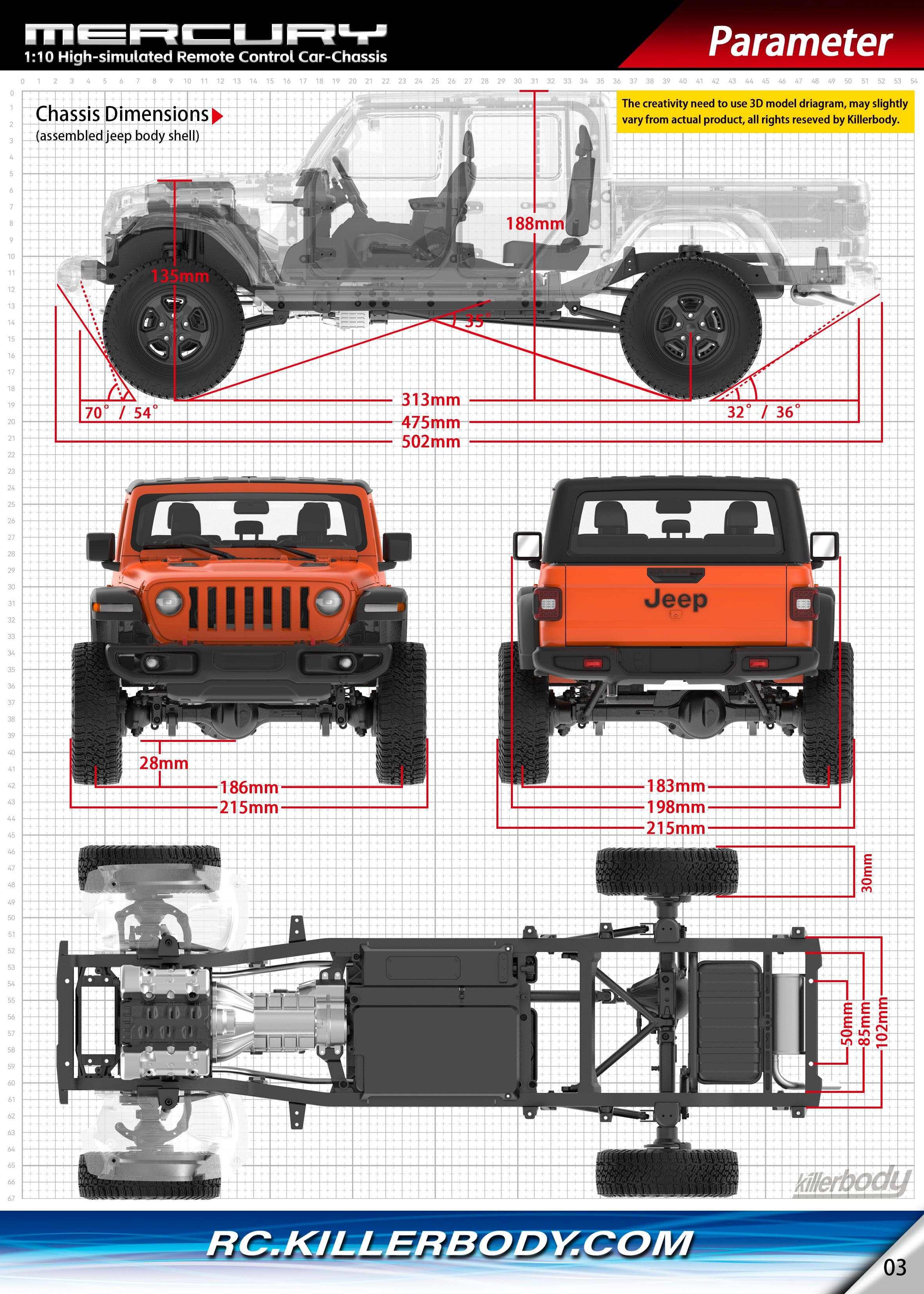 Killerbody Mercury シャーシキット(組み立て済み F/R アクスルとギアボックス)KB#48765 1/10 Jeep Gladiator Rubicon ハードボディに適合 48760