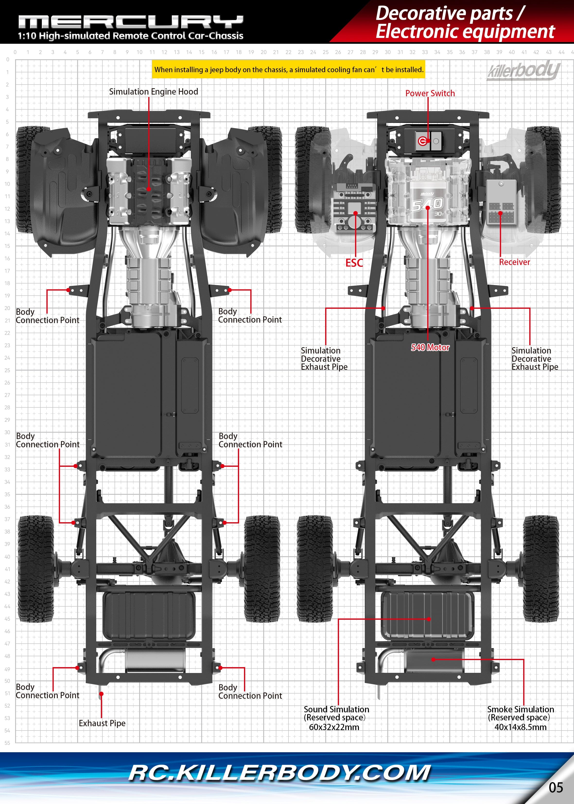 Killerbody Mercury シャーシキット(組み立て済み F/R アクスルとギアボックス)KB#48765 1/10 Jeep Gladiator Rubicon ハードボディに適合 48760