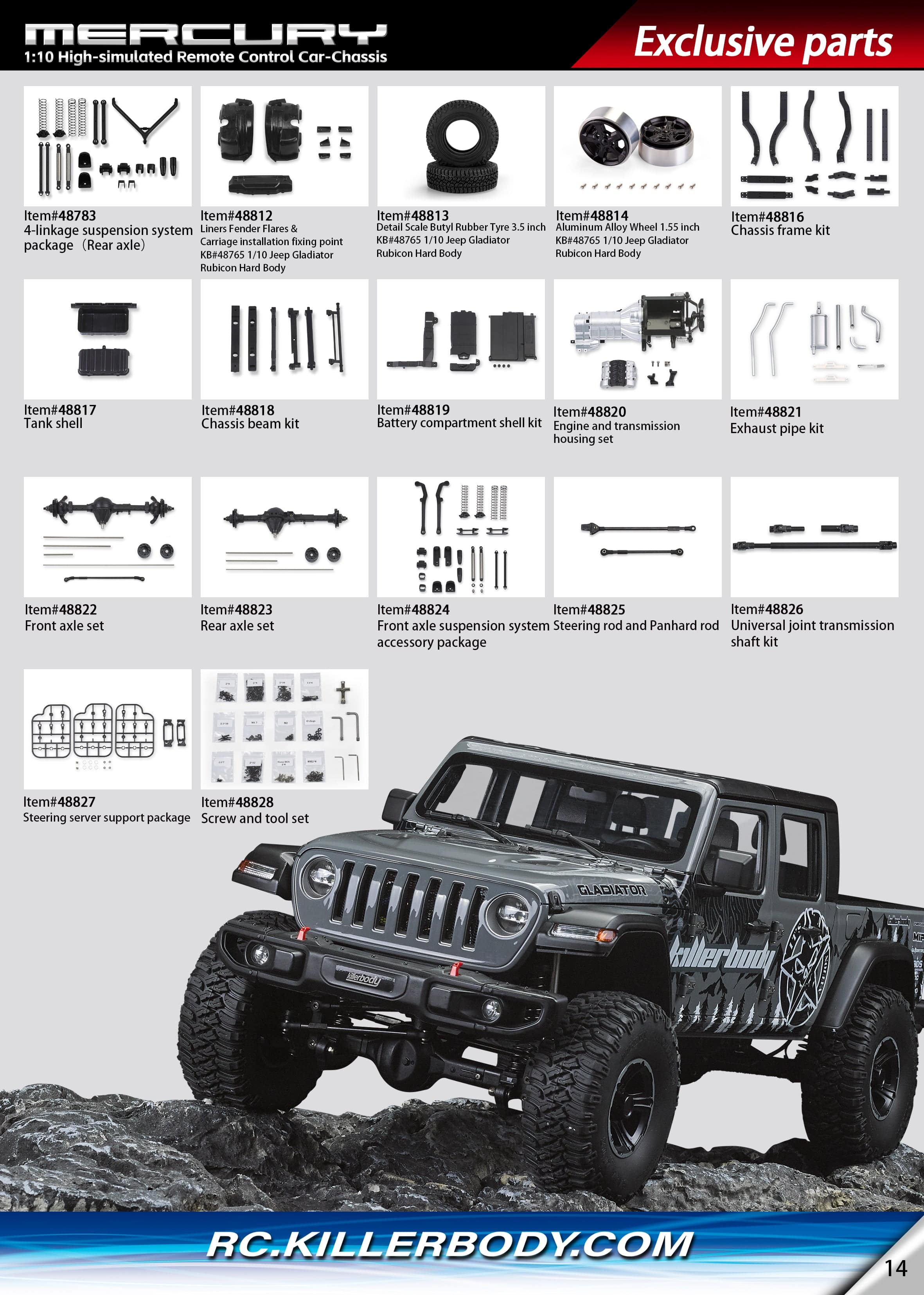 Killerbody Mercury シャーシキット(組み立て済み F/R アクスルとギアボックス)KB#48765 1/10 Jeep Gladiator Rubicon ハードボディに適合 48760