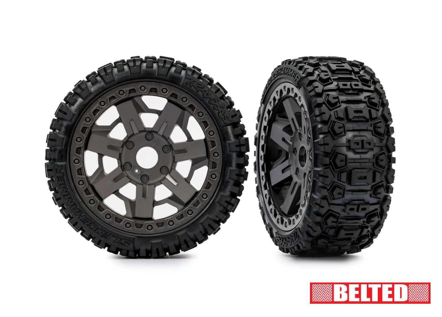 トラクサス スレッジハンマーベルト付きタイヤ 3.0インチグレーホイール、(2本) 9071-GRAY