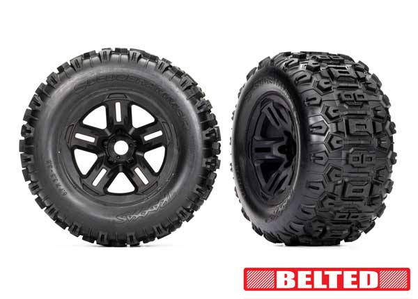 トラクサス 1/8 Sledge hammer SLEDGE 純正 ベルト付タイヤ、ホイールセット 接着済み 2本セット 9573