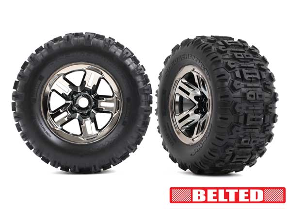 トラクサス 1/8 Sledge hammer SLEDGE 純正 ベルト付タイヤ、ブラッククロームメッキホイールセット 接着済み 2本セット 9573A