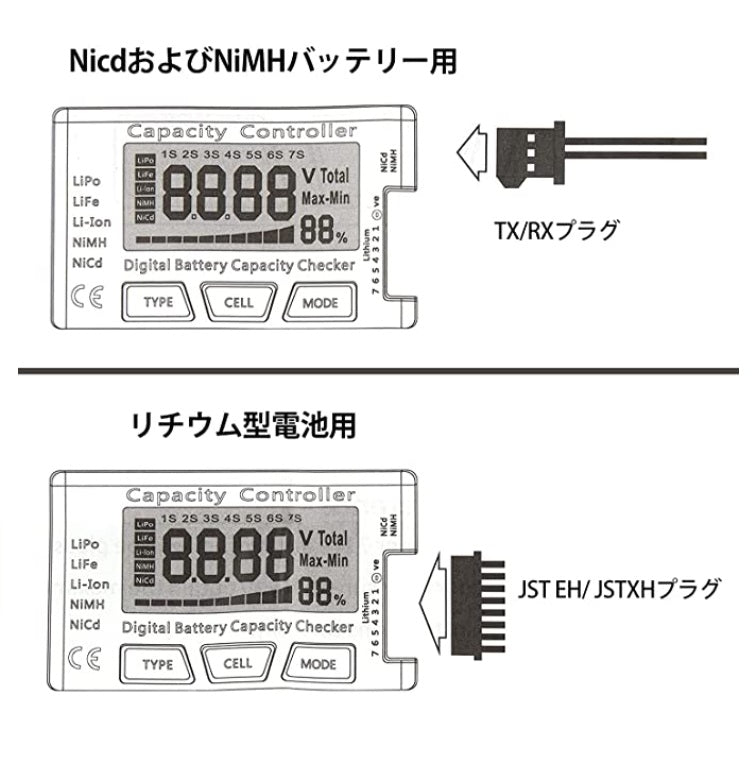 バッテリーチェッカー Lipo, LiFe, Li-ion, NiMH, NiCdバッテリー対応 - RCTRAIL