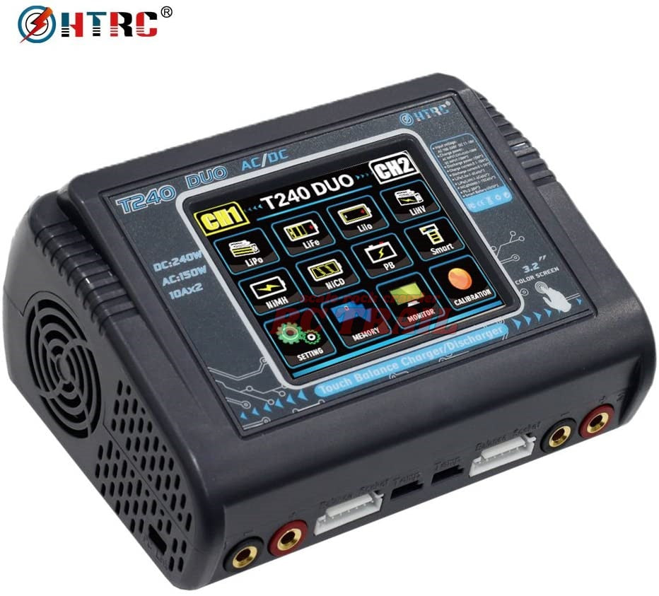 HTRC T240 DUO カラータッチスクリーン 急速充電器 デュアルマルチチャージャー AC 150W / DC 240W 10A AC/DC バッテリー マルチ充電器 バッテリーチャージャー バランス 充電器/放電器 LiPo LiFe Lilon LiHV NiCd NiMh Pb 対応 ラジコン バッテリー 用 - RCTRAIL