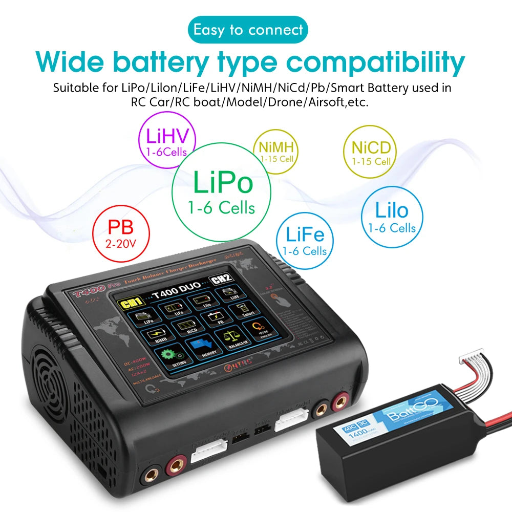HTRC T400 Pro 　カラータッチスクリーン　高出力 急速充電器　デュアルマルチチャージャー　DC 400W AC 200W　 10A AC/DC バッテリー マルチ充電器 バッテリーチャージャー バランス 充電器/放電器 LiPo LiFe Lilon LiHV NiCd NiMh Pb 対応　ラジコン バッテリー 用 - RCTRAIL