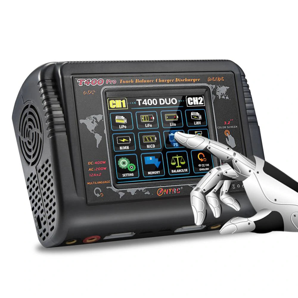 HTRC T400 Pro 　カラータッチスクリーン　高出力 急速充電器　デュアルマルチチャージャー　DC 400W AC 200W　 10A AC/DC バッテリー マルチ充電器 バッテリーチャージャー バランス 充電器/放電器 LiPo LiFe Lilon LiHV NiCd NiMh Pb 対応　ラジコン バッテリー 用 - RCTRAIL