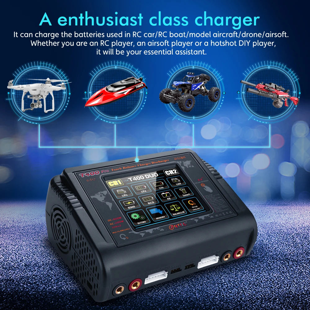 HTRC T400 Pro 　カラータッチスクリーン　高出力 急速充電器　デュアルマルチチャージャー　DC 400W AC 200W　 10A AC/DC バッテリー マルチ充電器 バッテリーチャージャー バランス 充電器/放電器 LiPo LiFe Lilon LiHV NiCd NiMh Pb 対応　ラジコン バッテリー 用 - RCTRAIL