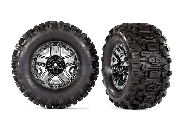 トラクサス　2.8インチ ブラッククロームホイール＆スレッジハンマータイヤ（2本）　Stampede 4X4 VXL、HOSS、Rustler 4X4、ビッグフット用タイヤ　9072