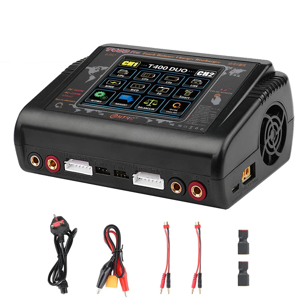HTRC T400 Pro 　カラータッチスクリーン　高出力 急速充電器　デュアルマルチチャージャー　DC 400W AC 200W　 10A AC/DC バッテリー マルチ充電器 バッテリーチャージャー バランス 充電器/放電器 LiPo LiFe Lilon LiHV NiCd NiMh Pb 対応　ラジコン バッテリー 用 - RCTRAIL