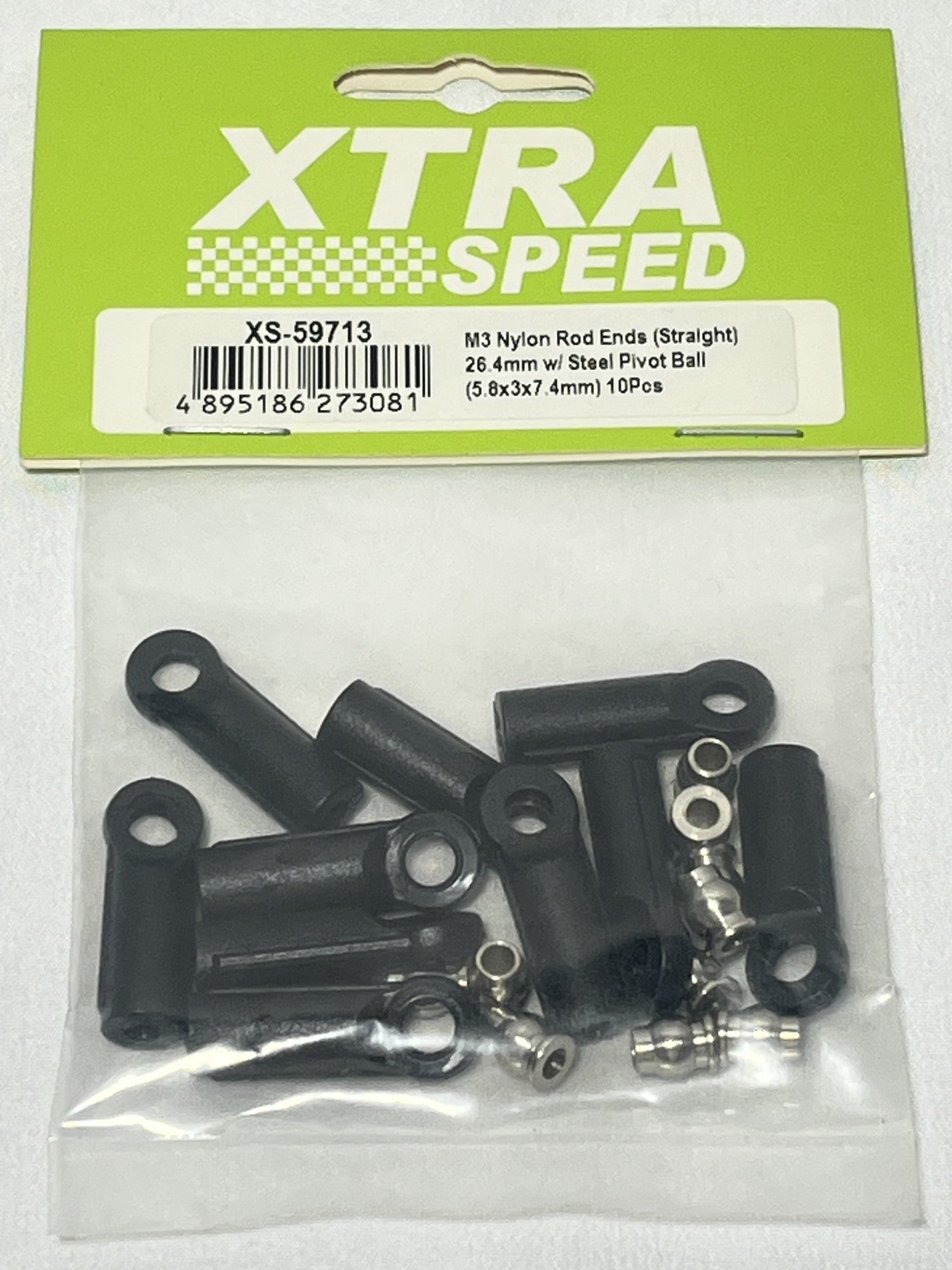 Xtra Speed M3 ナイロンロッドエンド (ストレート) 26.4mm スチールピボットボール付き (5.8x3x7.4mm) 10個　XS-59713