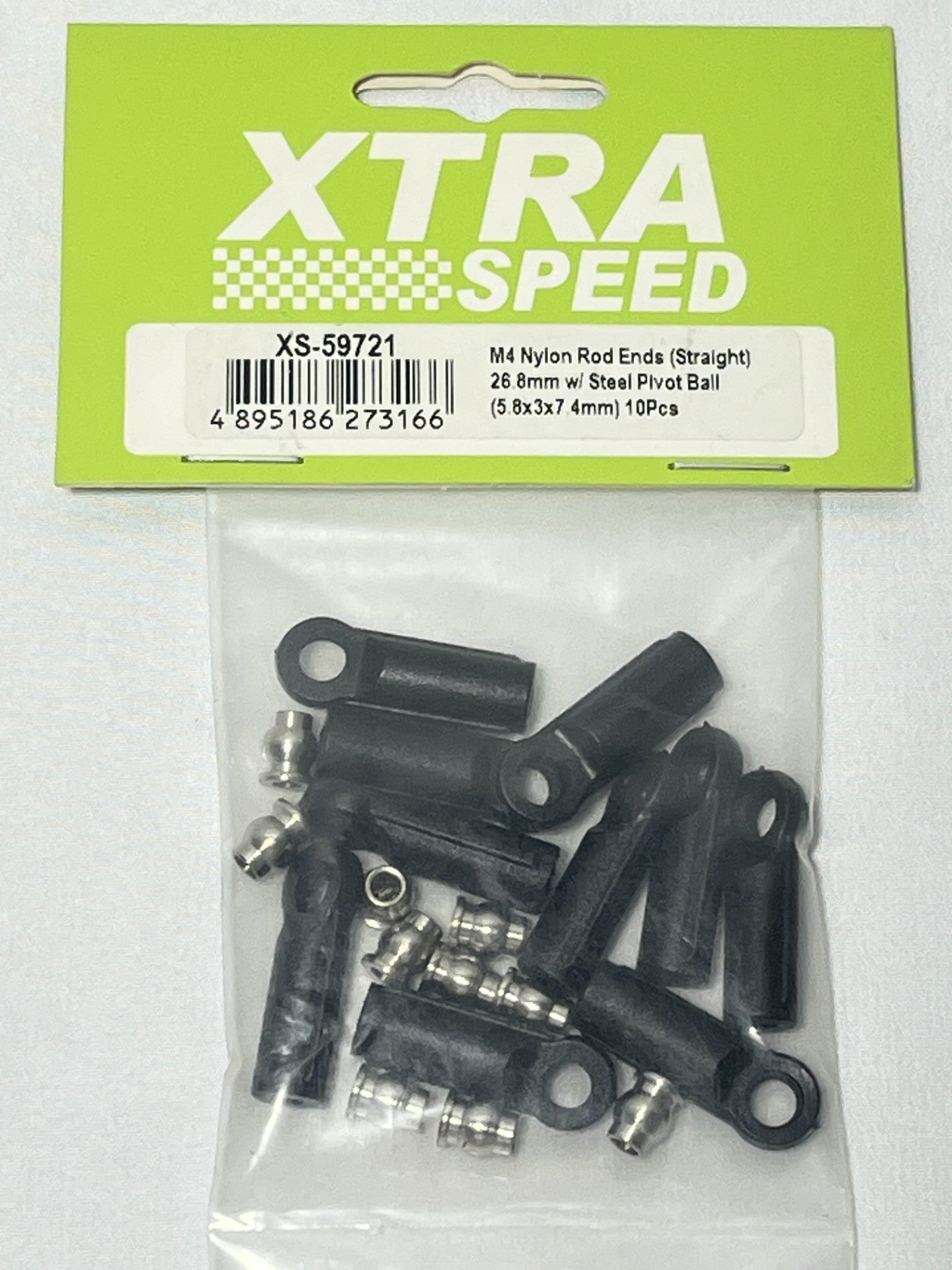 Xtra Speed M4 ナイロンロッドエンド (ストレート) 26.8mm スチールピボットボール付き (5.8x3x7.4mm) 10個 XS-59721